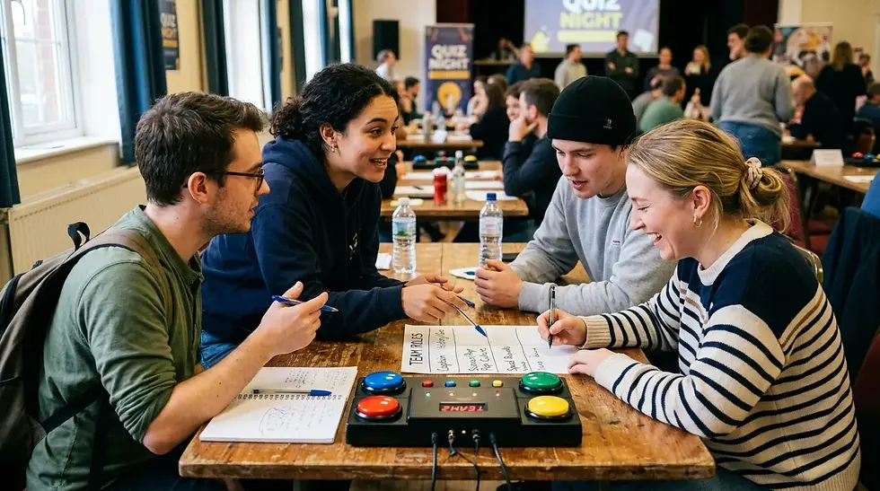 Photo naturelle de quatre coéquipiers attribuant des rôles autour d’une table de quiz, buzzers, loisirs.