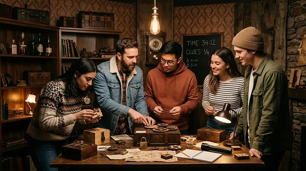 Équipe rassemblée autour d’une table à énigmes dans une salle d’escape game chaleureuse.