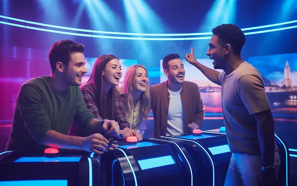 MARSEILLE LOISIRS : groupe d’amis en salle de quiz immersive à Marseille, pupitres et buzzers lumineux, ambiance plateau TV néon bleu/cyan et magenta, rires et compétition, arrière-plan flou avec bokeh du Vieux-Port.