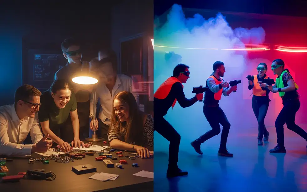 Vignette photoréaliste corporate moderne PLAN LOISIRS : team building original avec escape game en avant-plan (collègues résolvant une énigme autour d’une table) et laser game en arrière-plan (gilets lumineux, néons bleus/violets), ambiance conviviale et énergique, sans texte ni logo, format 16:9.