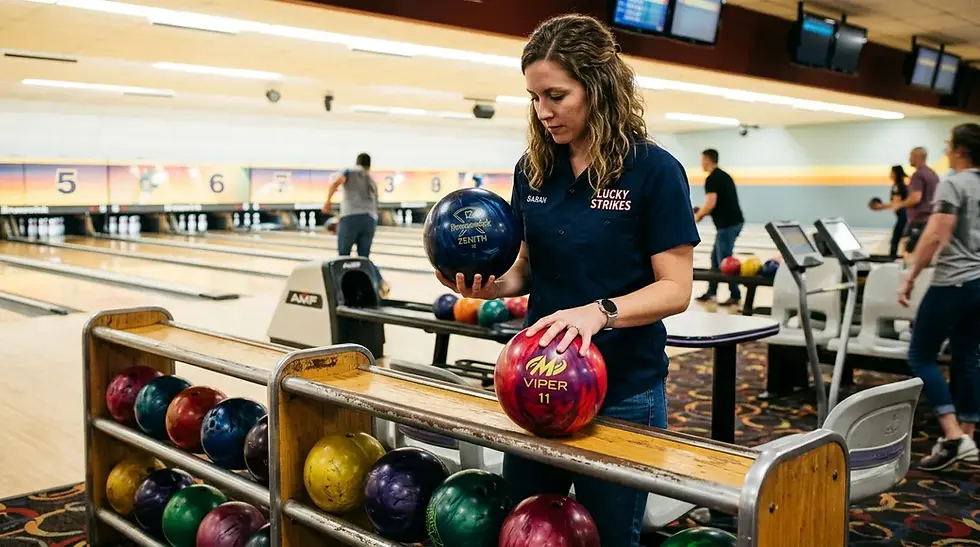 Personne comparant deux boules de bowling sur un rack, ambiance loisirs à Marseille