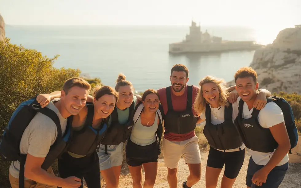 Groupe d’amis de 25–40 ans profitant d’activités outdoor kayak et rando au bord des calanques près de Cassis, au coucher du soleil, idée sortie groupe Marseille Est