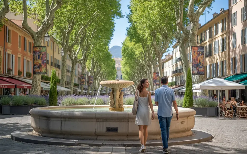 Scène photo-réaliste d’activité loisirs Aix-en-Provence en 2025 : couple de touristes et amis en terrasse autour d’une fontaine du Cours Mirabeau, platanes, cafés animés, montagne Sainte-Victoire au loin.