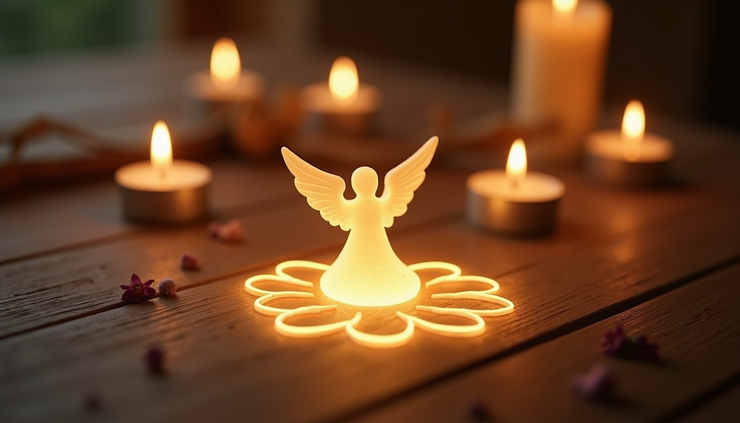 Eye-level view of a glowing angelic Reiki symbol illuminated by soft candlelight on a wooden table