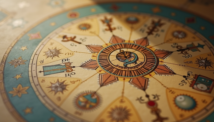 Közeli kép egy asztrológiai térképről és angyali szimbólumokról