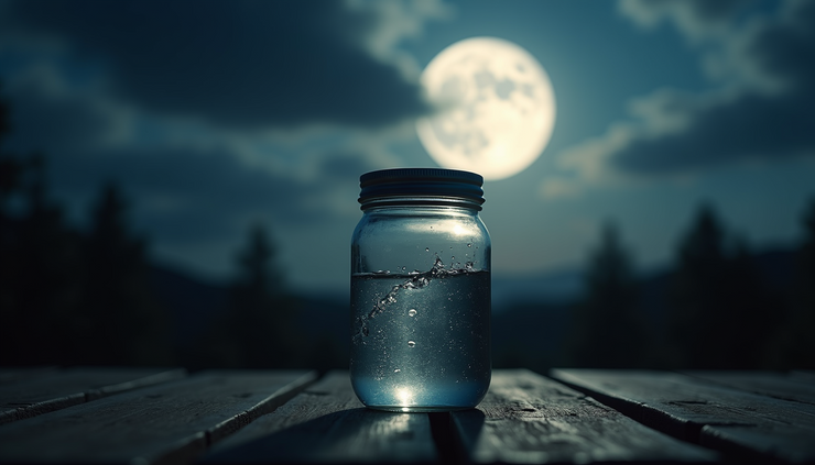 Eye-level view of a glass jar filled with water placed outside under a bright full moon