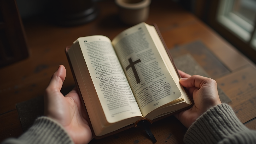 Close-up view of a hand holding a devotional book with a cross on the cover