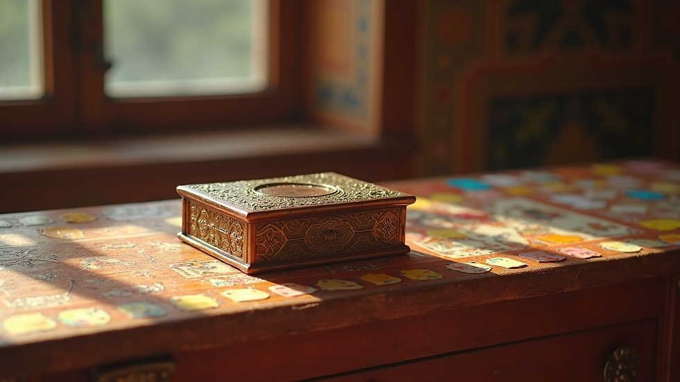 Eye-level view of a decorated prayer box on a wooden table with colorful prayer notes