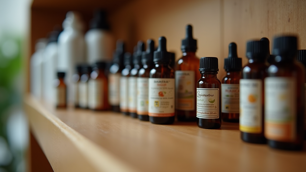 Close-up view of homeopathic remedies in small bottles arranged on a wooden shelf