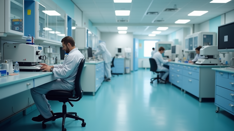 Eye-level view of a hospital microbiology lab with diagnostic equipment