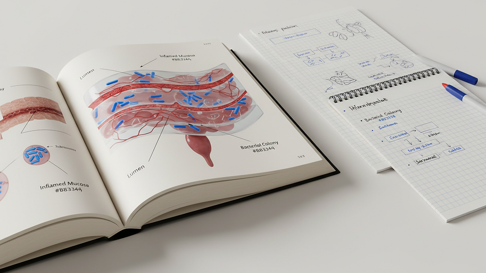 Close-up view of a medical textbook and notes on a desk