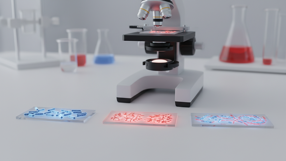 Close-up view of a microscope and microbiology slides on a lab bench