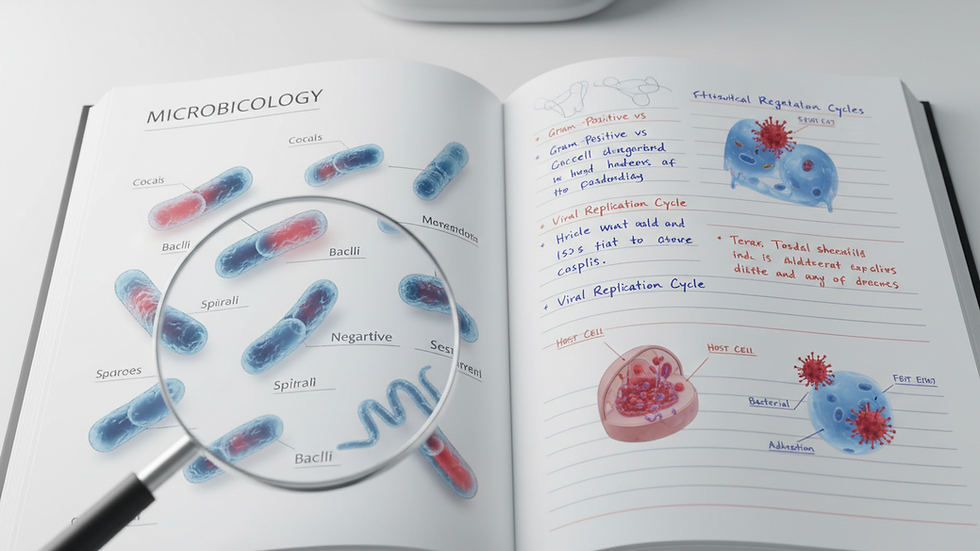 Close-up view of a medical textbook and notes on microbiology