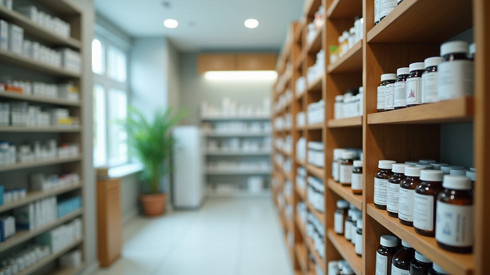 Eye-level view of a homeopathy clinic with shelves of remedies