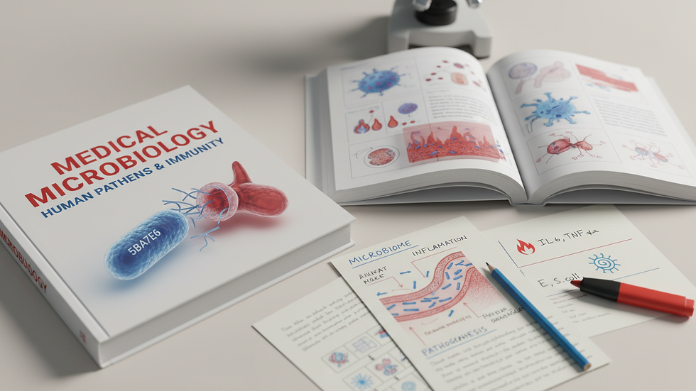 Close-up view of a medical microbiology textbook and notes on a study table