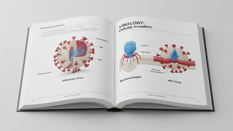 Close-up view of a medical textbook open to a virology chapter