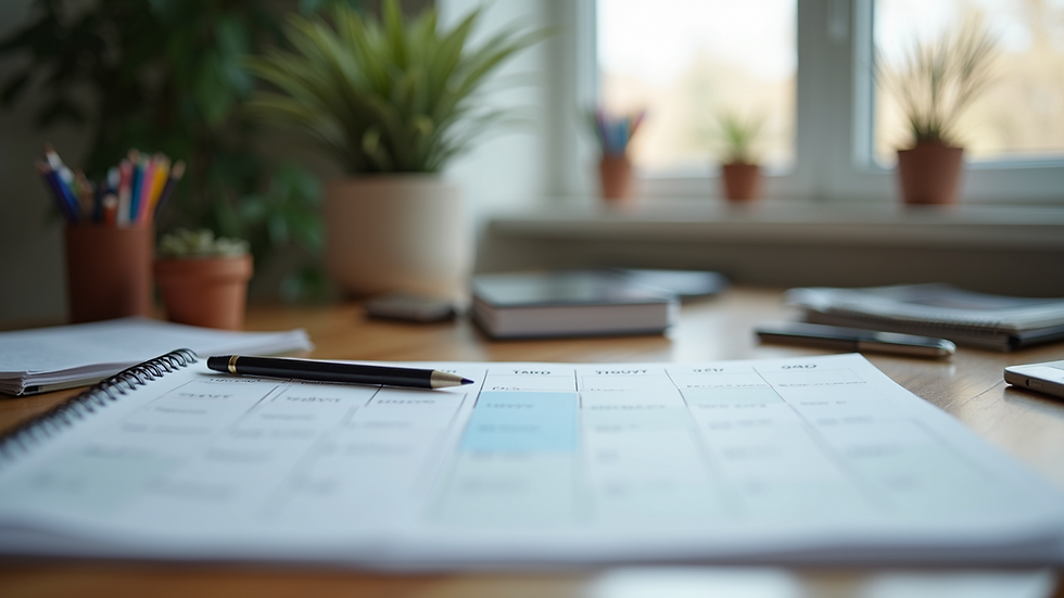 Eye-level view of a desk with a calendar and study materials
