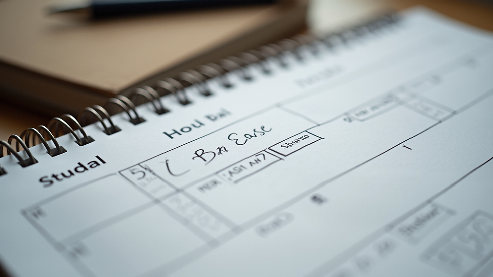 Close-up view of a calendar planner with study schedule and notes