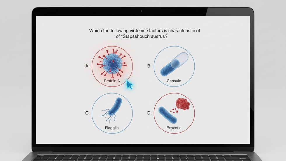 Eye-level view of a laptop screen displaying multiple-choice questions on medical microbiology