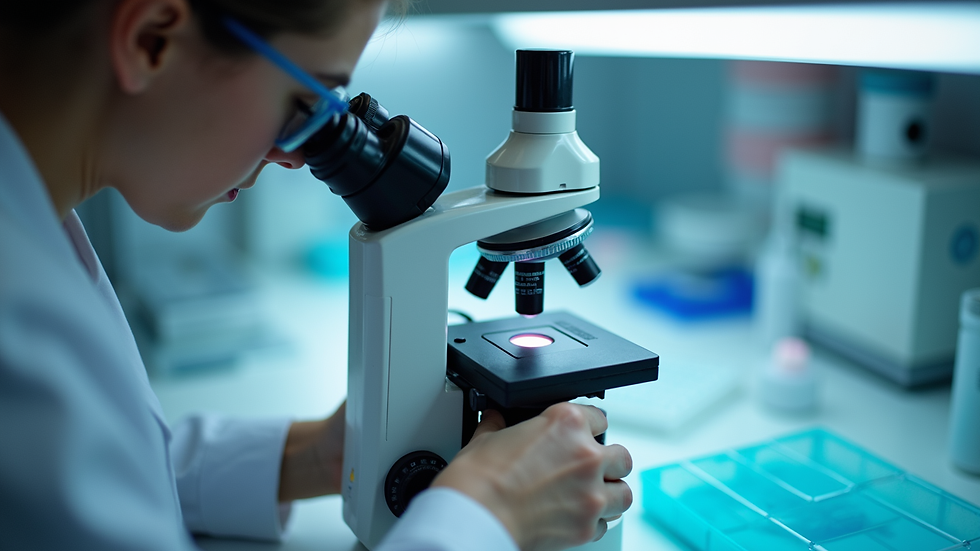 Close-up view of laboratory technician analyzing bacterial cultures under microscope