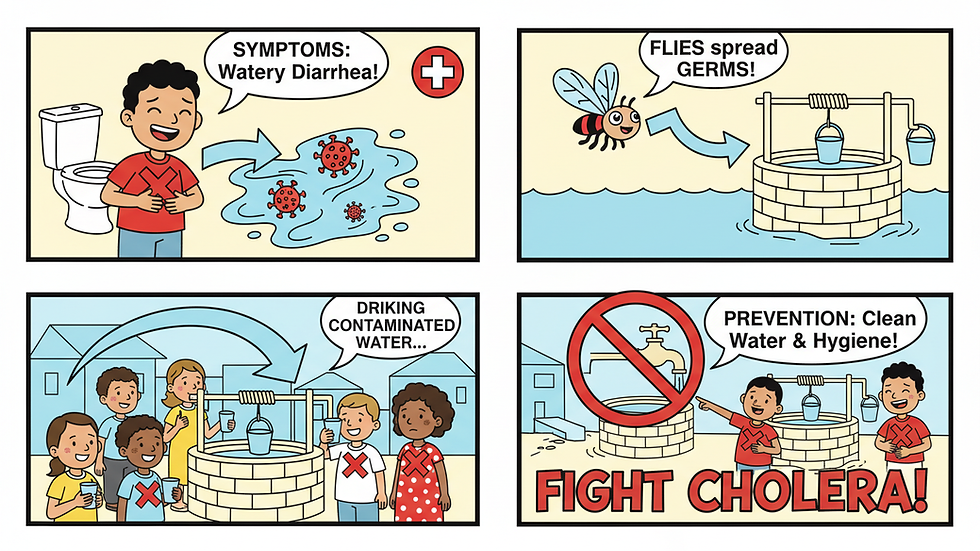 Eye-level view of a colorful comic page explaining cholera transmission