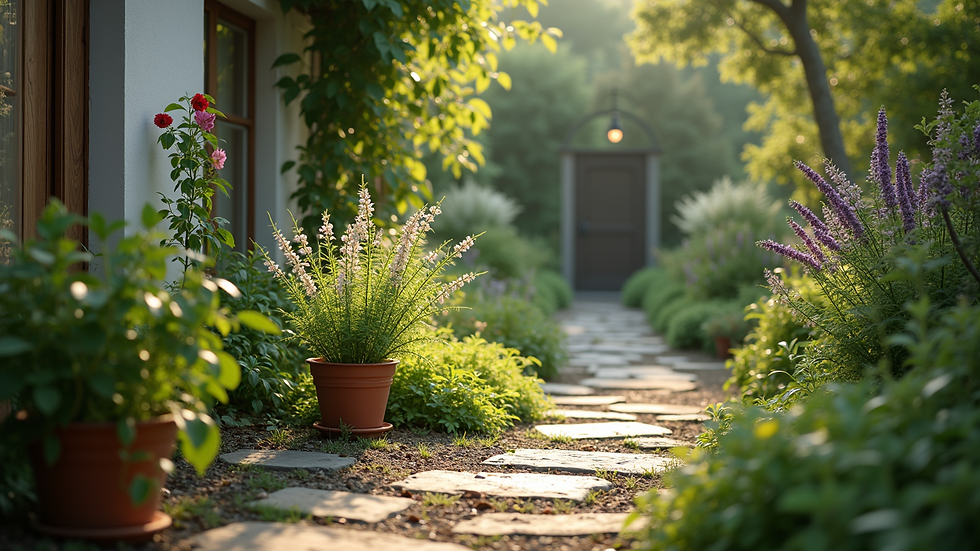 High angle view of a peaceful home garden with medicinal plants