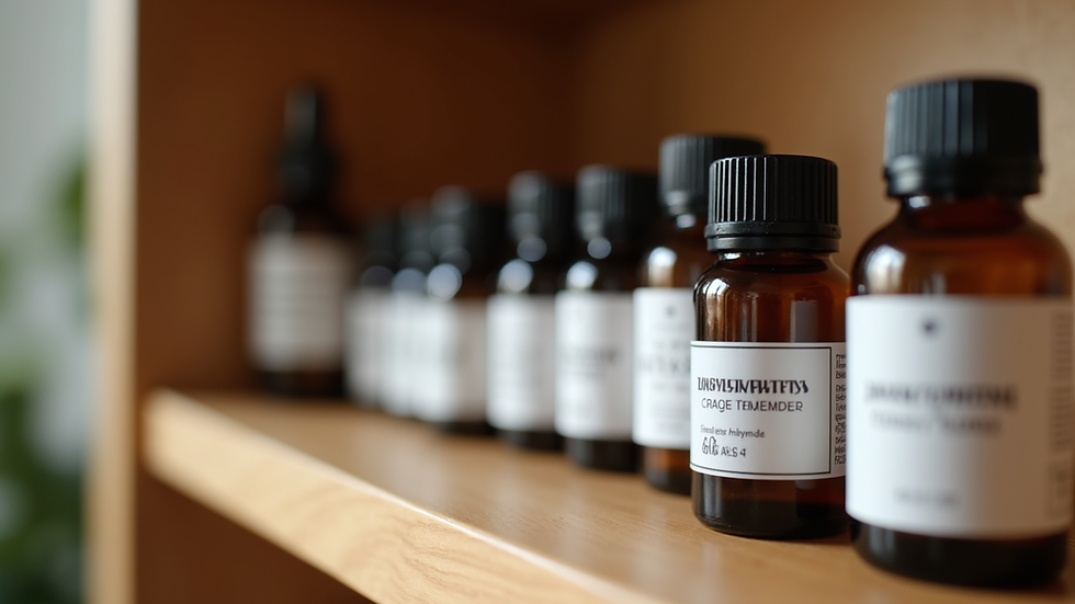 Close-up view of homeopathic remedies in small bottles arranged on a wooden shelf