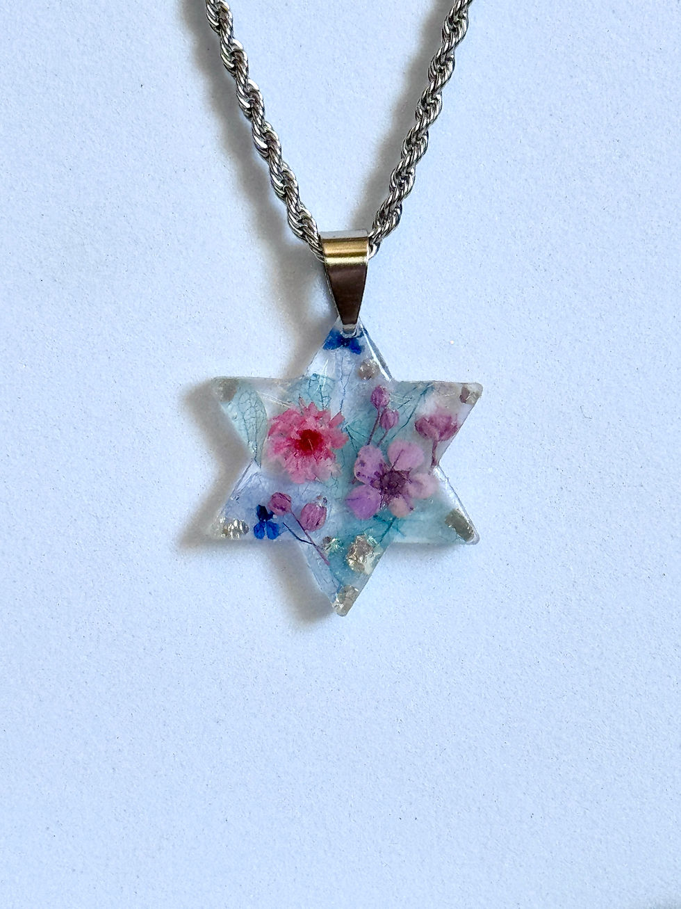 Thumbnail: Custom Dried Flowers Magen David Necklace - Resin and Stainless Steel