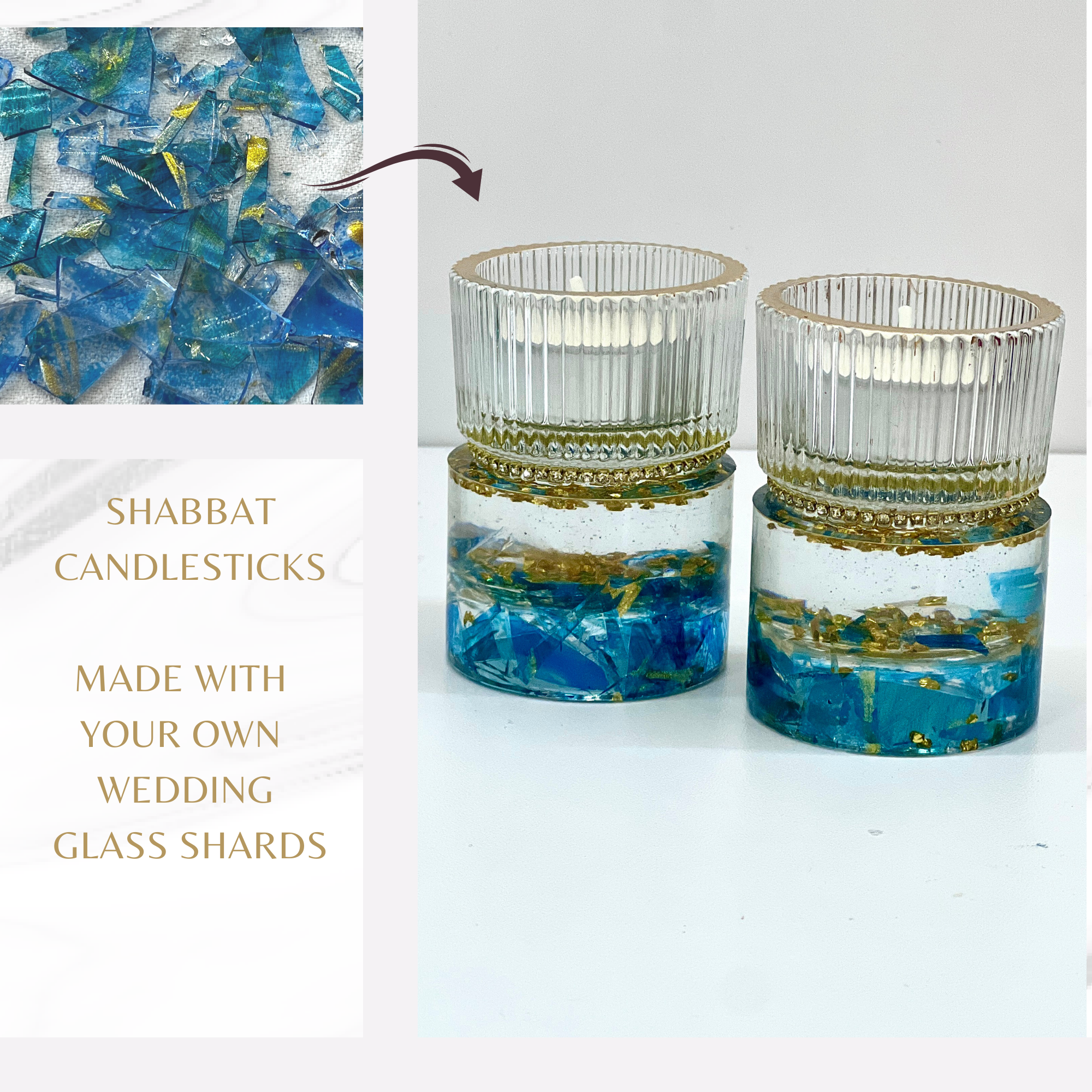 A pair of Shabbat Candlesticks: Transform Your Own Wedding Glass Shards