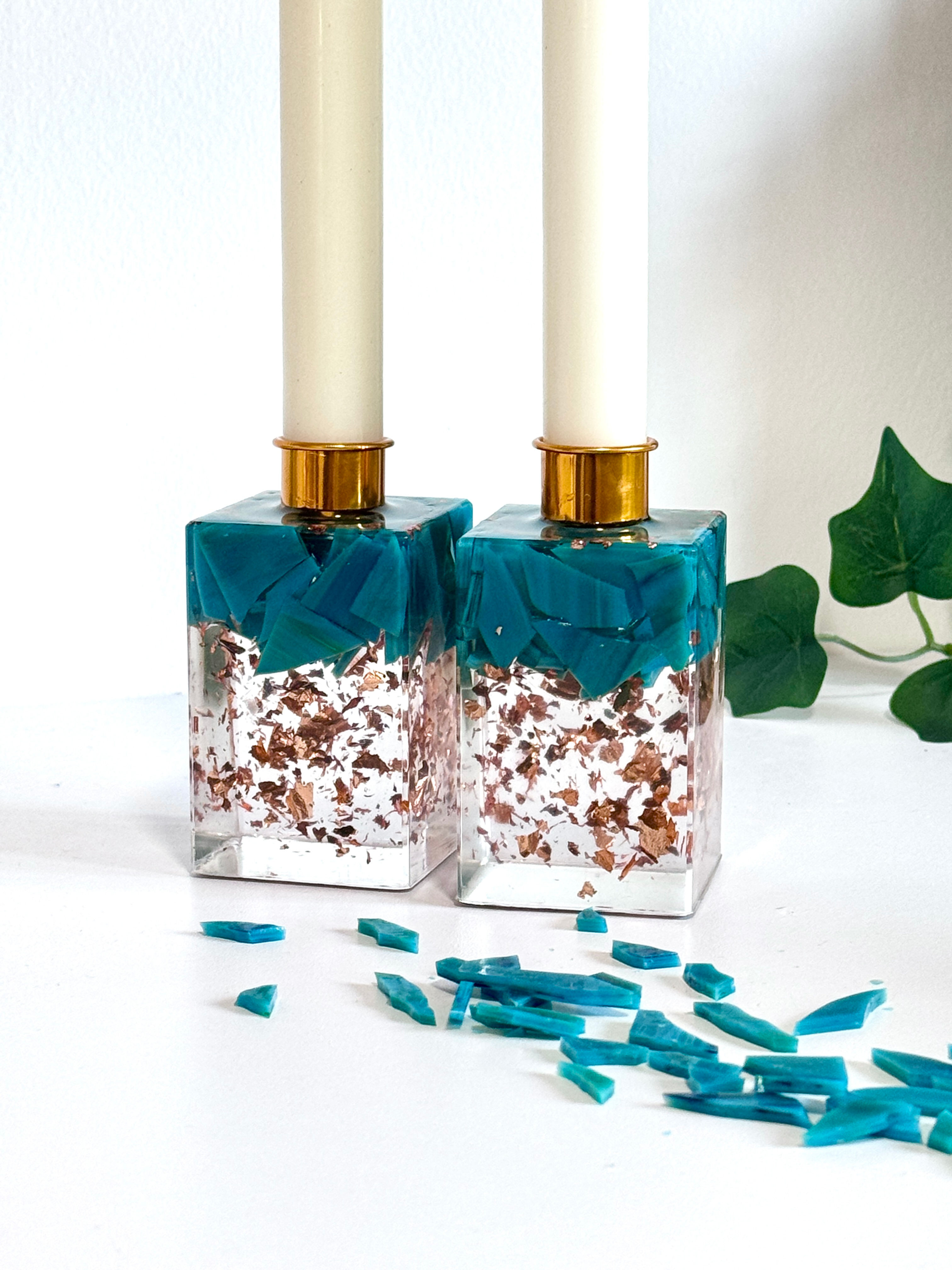 A pair of Shabbat Candlesticks: Transform Your Own Wedding Glass Shards