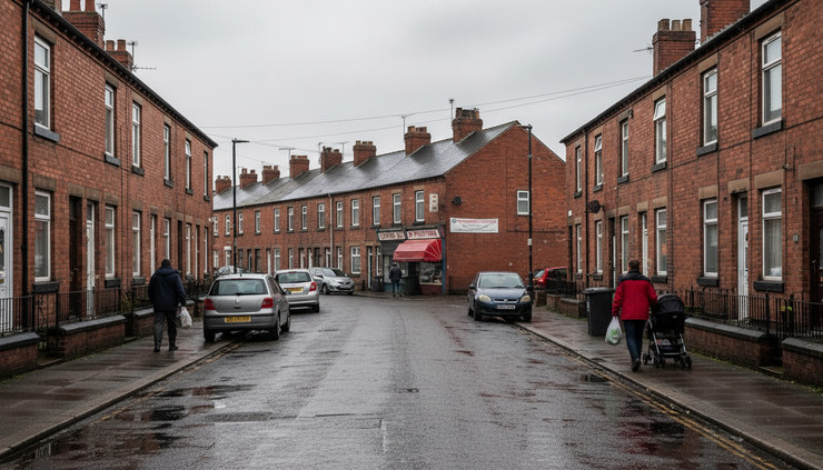 Wide-angle view of a modest terraced street in northern England on an overcast morning