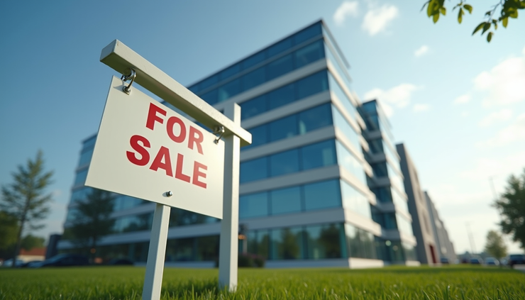 Eye-level view of a modern office building with a "For Sale" sign in front
