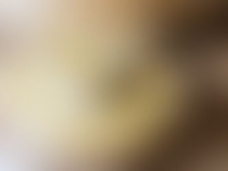 three beeswax candles in ceramic pots sitting on a round block of beeswax with a beekeeper skep in the background