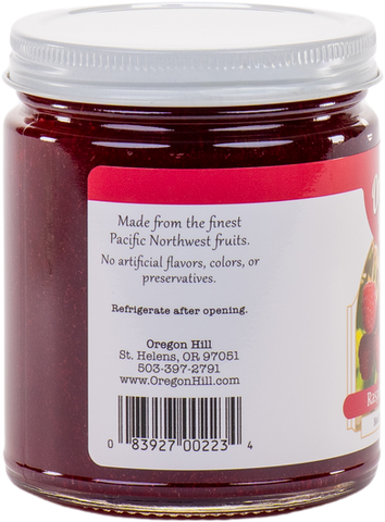 Oregon Hill Farms raspberry jam SKU and product label