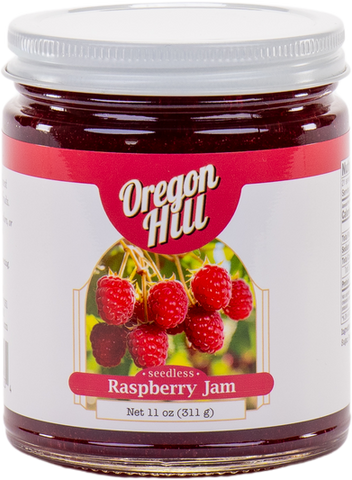 11oz jar of artisan raspberry jam by Oregon Hill Farms, St. Helens Oregon