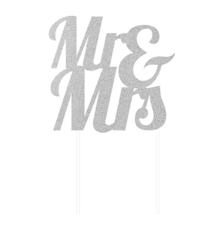 Mr & Mrs Silver Glitter Wedding Cake Topper Decoration Pk 1. 335051