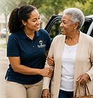 Caregiver helping elderly client with transportation and errands near a vehicle