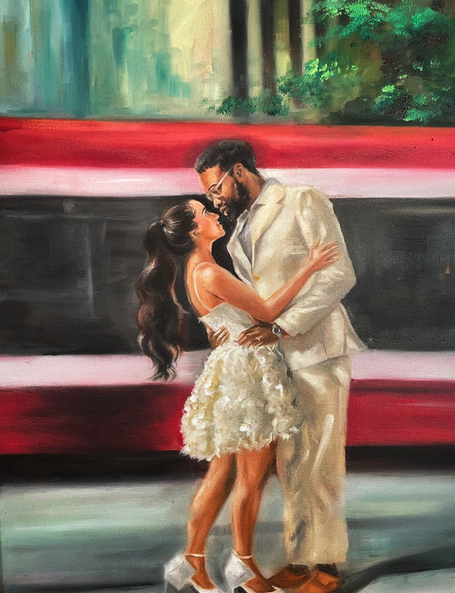 Live wedding painting of a couple embracing in front of a red Toronto streetcar