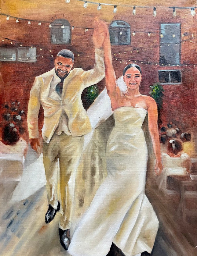 Live wedding painting of a couple walking down the aisle with arms raised at the Distillery District in Toronto