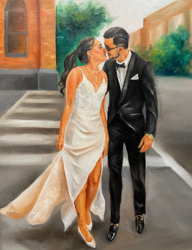 Live wedding painting of a couple walking together outside Gladstone House in Toronto