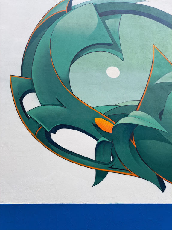 Commissioned Mural, street art, André trafic, commercial graffiti, for hire, wall renovation, school district, seixal, portugal, painting, turquese, corn, process