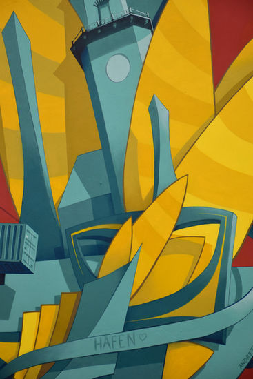 Commissioned Mural, street art, André trafic, commercial graffiti, for hire, wall renovation, dortmund, hafen, painting, orange, yellow, turquese, process