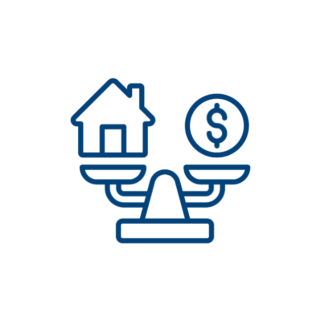 House and dollar coin balanced on a scale, representing home equity and financing