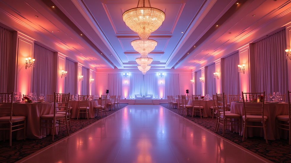 Eye-level view of a beautifully decorated event hall with elegant lighting