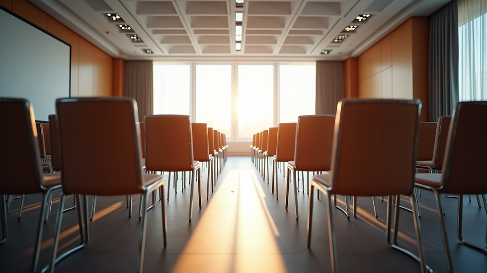 Eye-level view of a conference room setup with chairs and tables arranged neatly