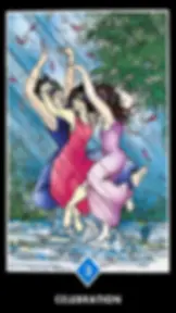carta do tarot zen osho onde mostra 3 mulheres dançando na chuva, cada uma com um vestido de cor diferente e felizes dançando na chuva.