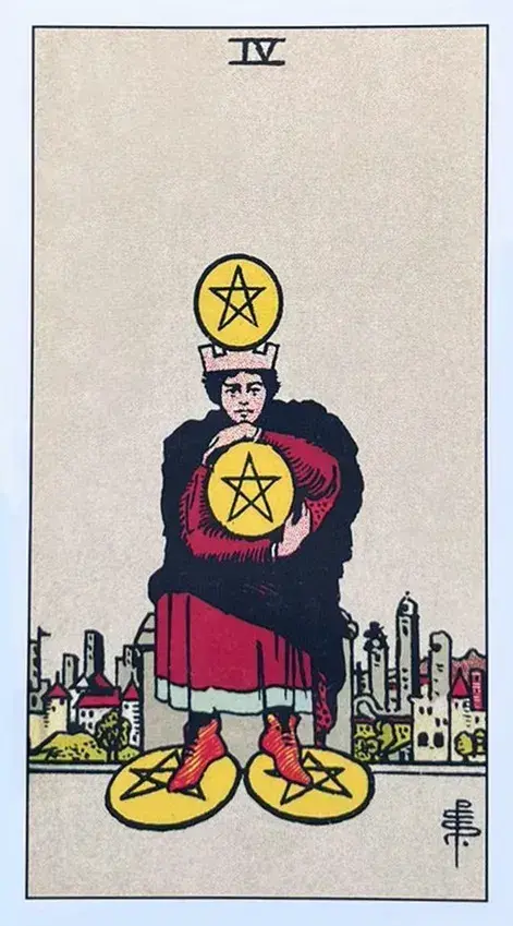 um homem sentado em um banco, segurando firmemente um ouro contra seu peito, enquanto outros dois estão colocados sob seus pés e o quarto ouro é equilibrado sobre sua cabeça.