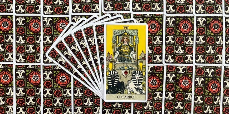 um homem em cima de um carro usando uma armadura e puxado por duas criaturas uma preta e outra branca