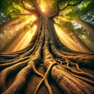 DALL·E 2025-03-02 16.27.53 - A majestic ancient tree viewed from its roots, looking upward