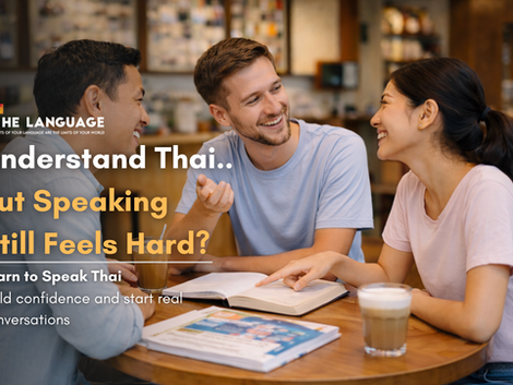 Foreign learners practicing Thai conversation in a café, smiling and building speaking confidence together during a relaxed language practice session